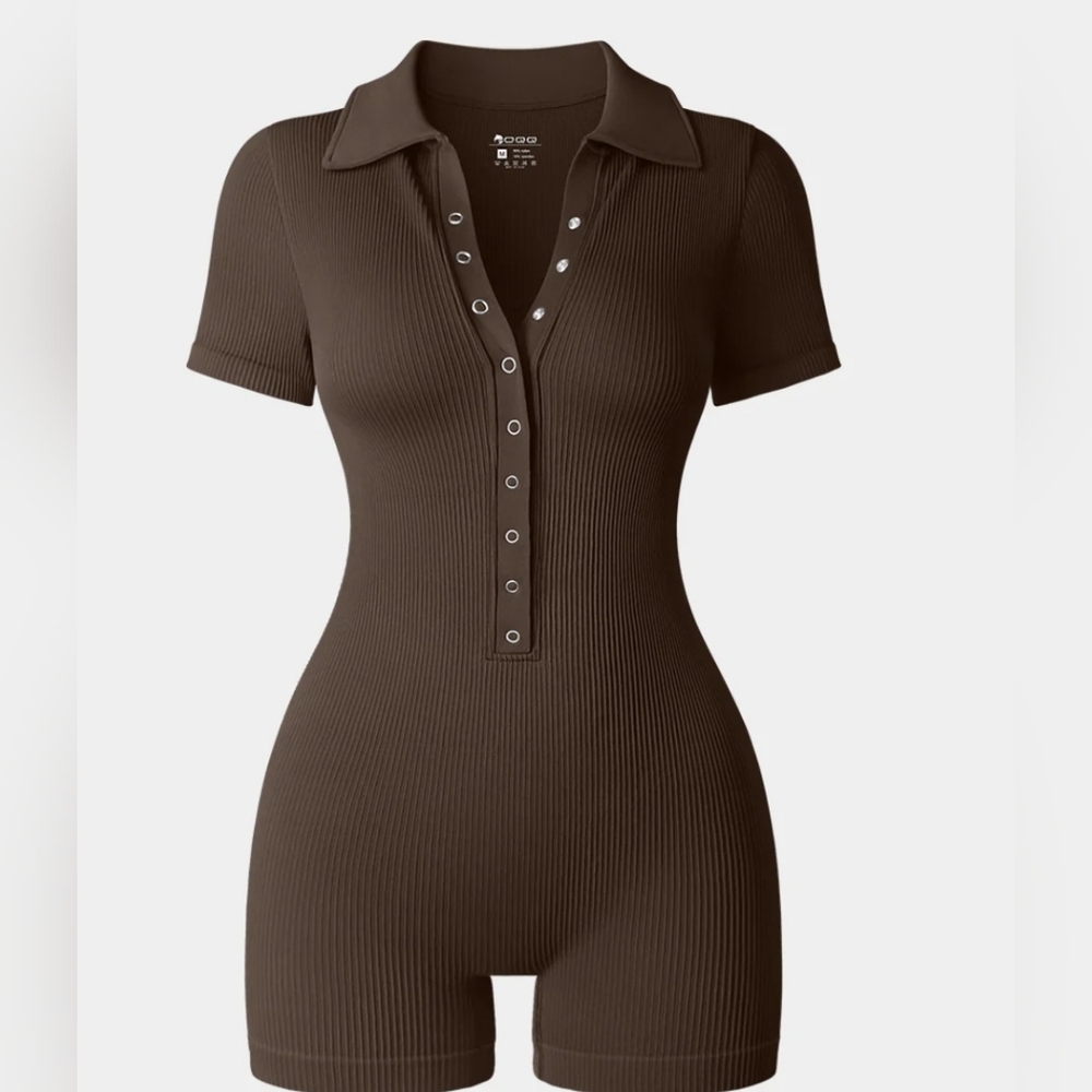 OQQ Ribbed Polo Collar Romper – Brown, Size L – NWOT